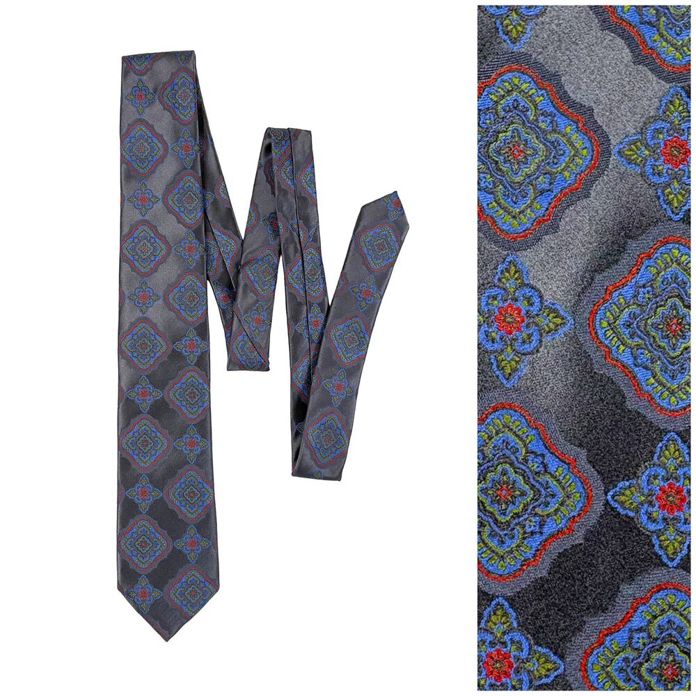 Santorelli Silk Tie Long Gray Blue Orange Green Medallion Made Italy 61" x 3"